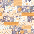 Patchwork seamless floral pattern. Beautiful yellow flowers and polka dot ornament. Summer design. Vector template Royalty Free Stock Photo