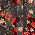 Patchwork seamless pattern with beautiful lily flowers. Quilt design with decorative floral patches. Fashion print for fabric