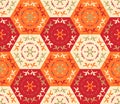 Patchwork seamless pattern from colorful hexagonal patches. Bright print for rug, carpet, blanket Royalty Free Stock Photo