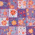 Patchwork seamless pattern with embroidered flowers. Quilt design from stitched squares with floral motifs