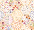 Patchwork seamless pattern from hexagon floral patches. Fairytale forest with flowers and trees. Cute quilt design