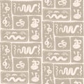 Patchwork seamless pattern with various snakes and botanical elements arranged in rectangular segments. Animalistic flat vector