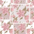 Patchwork seamless white lace retro pink flowers pattern Royalty Free Stock Photo