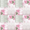 Patchwork seamless white lace retro pink roses pattern Royalty Free Stock Photo