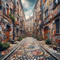 Patchwork Street Narrow cobbled street with sections of differe