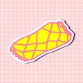 Patchwork style beach towel in yellow and pink colors sticker isolated on textured background. Cute sign girly element. Vector