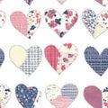 A patchwork-style heart pattern, where each heart is filled with a different textured fabric print,