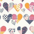 A patchwork-style heart pattern, where each heart is filled with a different textured fabric print,