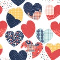 A patchwork-style heart pattern, where each heart is filled with a different textured fabric print,