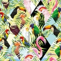 Patchwork tropical birds palm leaves multicolor background