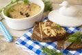 Pate of liver and duck with slices of homemade bread on vintage style