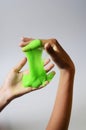 Pate slime elastic and viscous on child`s hand