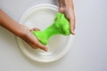 Pate slime elastic and viscous on child`s hand