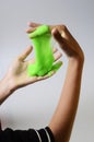 Pate slime elastic and viscous on child`s hand