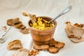 Pate of smoked fish in clay plate, crispy corn crackers, soft focus, closeup. Selective focus. Kinfolk and comfort food atmosphere