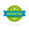 Patented label vector icon, flat cartoon rosette ribbon with patent text symbol, intellectual property protected green