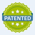 Patented label vector icon. Flat cartoon rosette ribbon with patent text symbol. Intellectual property protected green