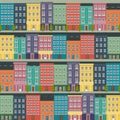 Patern seamless tile cartoon houses street panorama with with roads, windows, doors. Funny minimal flat cityscape