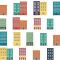 Patern seamless tile cartoon houses street panorama with with roads, windows, doors. Funny minimal flat cityscape