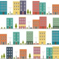 Patern seamless tile cartoon houses street panorama with with roads, windows, doors. Funny minimal flat cityscape