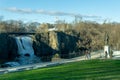 Landscape view of the Great Falls of the Passaic River. A prominent waterfall, 77 feet high, on