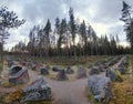 Path with antitank barriers near Saerna in Sweden. It is part of Skans 211, a historic fortification from WWII Royalty Free Stock Photo