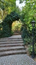 Green arch in park over paved path with steps Royalty Free Stock Photo