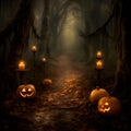 A path in an autumn forest, along which there are carved pumpkins and candles. Halloween background. Generative AI