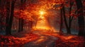 The path through the autumn forest is covered with fallen leaves. The sun shines brightly through the trees Royalty Free Stock Photo