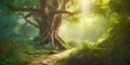 Path in beautiful fairy tale forest in summer day, fantasy landscape. Generative AI illustration Royalty Free Stock Photo