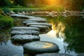 Zen Garden Stepping Stones over Tranquil Pond. Resplendent. Royalty Free Stock Photo