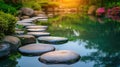 Zen Garden Stepping Stones over Tranquil Pond. Resplendent. Royalty Free Stock Photo