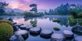 Zen Garden Stepping Stones over Tranquil Pond. Resplendent. Royalty Free Stock Photo