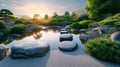 Zen Garden Stepping Stones over Tranquil Pond. Resplendent. Royalty Free Stock Photo