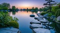 Zen Garden Stepping Stones over Tranquil Pond. Resplendent. Royalty Free Stock Photo