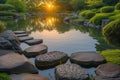 Zen Garden Stepping Stones over Tranquil Pond. Resplendent. Royalty Free Stock Photo