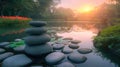 Zen Garden Stepping Stones over Tranquil Pond. Resplendent. Royalty Free Stock Photo