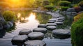 Zen Garden Stepping Stones over Tranquil Pond. Resplendent. Royalty Free Stock Photo