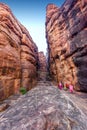 Path through cliffs, Entrance archway for lower and upper Shivalaya in Badami, Karnataka, INDIA Royalty Free Stock Photo