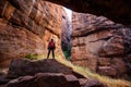 Path through cliffs, Entrance archway for lower and upper Shivalaya in Badami, Karnataka, INDIA Royalty Free Stock Photo