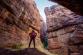 Path through cliffs, Entrance archway for lower and upper Shivalaya in Badami, Karnataka, INDIA Royalty Free Stock Photo