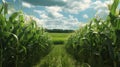 Path through corn field with blue cloudy sky