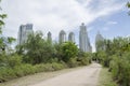 Path of Costanera Sur ecological reserve and modern buildings of Puerto Madero Royalty Free Stock Photo