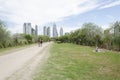 Path of Costanera Sur ecological reserve and modern buildings of Puerto Madero Royalty Free Stock Photo