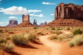 A path covered in dirt and sand stretches ahead as it weaves through the barren and unforgiving desert expanse, Navajo tribal park Royalty Free Stock Photo