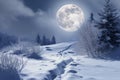 A path covered in snow leads to a full moon shining bright in the night sky, A snowy landscape under a full moon, AI Generated Royalty Free Stock Photo