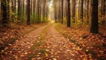 Path cuts through a dense pine forest, flanked by tall, straig Royalty Free Stock Photo