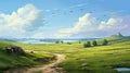 Digital Painting Of A Serene Grassland Landscape With Ornithological Accurate Details