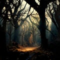 Path through a dark enchanting fairy tale forest with dramatic lights Royalty Free Stock Photo