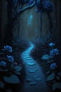 a path in the dark forest full of roses Royalty Free Stock Photo